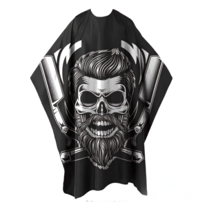 Cape de Barbier Jetable en PVC Caoutchouc Noir avec Motif Crâne et Barbe, Robe de Coiffure Durable en Polyester Anti-Adhérence aux Cheveux - Product Image 1