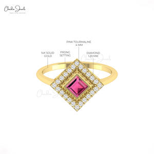 Vendeur Vérifié Bague de Mariage en Or Fin 14 carats avec Diamant et Tourmaline Rose Taille Carrée 4mm, Bague Halo, Bijoux de Mariée Personnalisés - Product Image 5