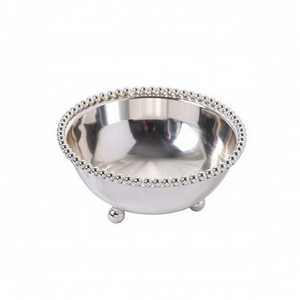Tazón de metal pulido con borde de cuentas y patas esféricas, apto para lavavajillas, tazón para ensalada, vajilla de metal para servir alimentos. - Product Image 1