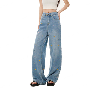 Wholesale Blue Denim for Women Cotton High Quality Washed Vintage Baggy Embroidered <b>Pants</b> Women's Jeans - Product Image 4