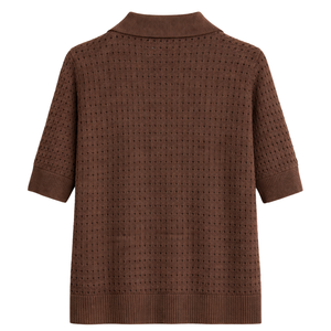 Camiseta de Punto de Manga Corta para Mujer, Cuello Solapa con Botones, Punto Abierto, Mezcla de Algodón, Suéter Ligero, Estilo Casual y Elegante - Product Image 2