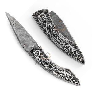 Couteau pliant professionnel en acier Damas de qualité industrielle OEM - 19 cm, pour la chasse, avec manche en os de chameau gravé au laser Saga - Product Image 2