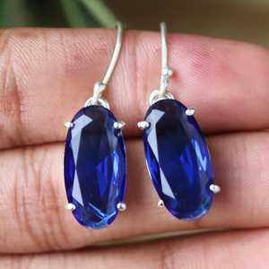 Boucles d'oreilles pendantes en saphir bleu en gros, en argent sterling 925, faites à la main, ovales, facettées, pour femmes - Product Image 1
