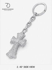 Premium iced out cross keychain pendant solid 18K white gold <b>set</b> lab grown diamonds bold gothic design secure key <b>ring</b> - Product Image 4