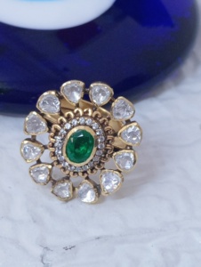 flower Shape <b>cocktail</b> <b>Ring</b> green oval doublet Stone <b>Gold</b> Plated Women party wedding Jewelry Glam Indian Style adjustable <b>ring</b> - Product Image 1