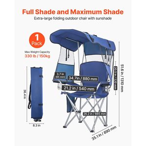Sedia Pieghevole a Mezzaluna con Tettuccio Parasole, Sedia da Spiaggia Portatile con Tasca Portaoggetti e Doppi Portabicchieri, Capacità 150 Kg - Product Image 2