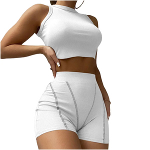 Women Ribbed Knit <b>Crop</b> <b>Top</b> Shorts Set Sleeveless <b>Turtleneck</b> Sporty Printed Streetwear Skinny Fit Polyester Cotton Breathable - Product Image 1