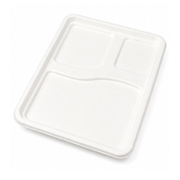 Plateau de service alimentaire jetable transparent en bagasse biodégradable écologique à 3 compartiments avec couvercle blanc pour la restauration
