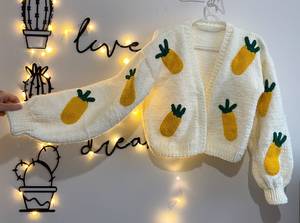 Women's <b>White</b> Hand <b>Knitted</b> Pineapple Applique <b>Cardigan</b> Lantern Sleeve O Neck Casual Sweater All Seasons - Product Image 2
