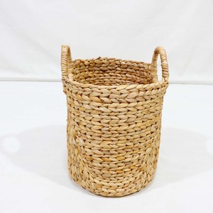 Rustic Circle Water Hyacinth Handwoven <b>Storage</b> Basket Laundry <b>Hamper</b> with Handles - Product Image 2