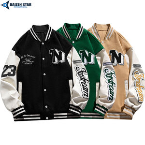 Men's Black Varsity Jacket Stand Collar Front Logo Embroidered Letter N Patch White Sleeves Preppy Style Winter Wear - Product Image 4