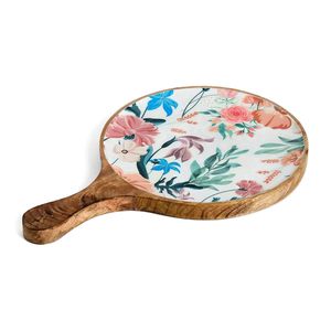 Floral Design Sticker Enamel Coated Mango Wooden Platter Round Serving Tray Ideal for Gifting Home and <b>Kitchen</b> Breakfast Usage - Product Image 1