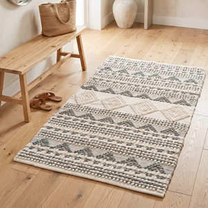 Wool Cotton Scandinavian Area Rug with Geometric Woven Pattern in Soft Grey Tones - Product Image 1