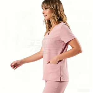 Women V Neck Scrub Tops Short Sleeve With Pockets Pink Cotton Polyester Hospital Uniforms - Product Image 2