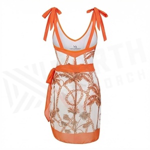 Ensemble 2 pièces imprimé palmiers oranges avec body croisé à bretelles et jupe portefeuille pour femme, tenue de plage - Product Image 2