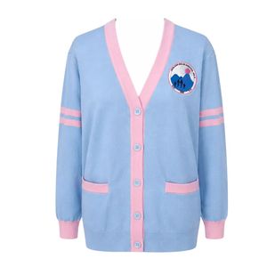 Cardigan pour femme Jack and Jill, bleu et rose, col en V, tricot doux, boutonné, manches longues, rayures contrastées, avec poches, vêtement décontracté - Product Image 1
