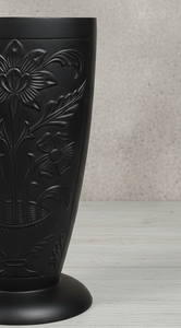 Luxury Embossed <b>Matte</b> Black Metal Flower Vase Elegant Floral Pattern Handcrafted Home Decor <b>Table</b> Centerpiece Single Unit - Product Image 3
