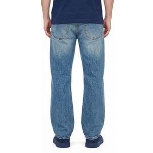 Jeans de mezclilla azul medio lavado con efecto lijado, de mezcla de algodón transpirable de alta resistencia, de tiro regular, estilo urbano relajado. - Product Image 3