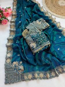 Indian Traditional Ethnic Satin Silk Saree with Embroidery <b>Sequins</b> Work for Wedding Occasion and Festive Function for Women Wear - Product Image 2