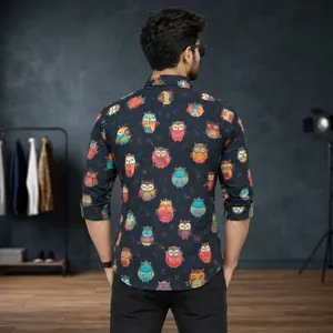 Camisa de algodón con estampado de búho para hombre, informal, de manga larga, con cuello vuelto, para verano, con estampado digital. - Product Image 3