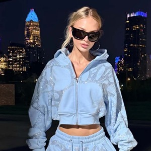 Custom Unisex Rhinestone Hoodie <b>Set</b> Streetwear Crop Hoodie Fleece Jacket OEM Custom Rhinestone Made By <b>Twin</b> City - Product Image 6