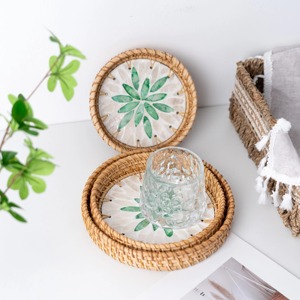 Two Piece Green Design Mother Of Pearl Rattan Edge <b>Serving</b> Tray <b>Set</b> Perfect For Stylish Party Entertaining And Gifting Purpose - Product Image 3