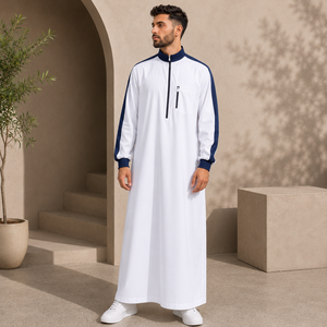 <b>Men's</b> Sport Stripe <b>Thobe</b> Islamic Jubba Half Zip Long Sleeve Modest Muslim Robe Casual Emirati Kaftan Kaftan Dress - Product Image 1