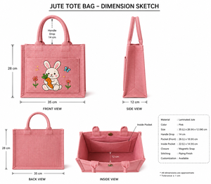 Pink Cartoon Bunny Jute Tote <b>Bag</b> With Carrot Pattern Zipper Closure Handheld Shopping <b>Bag</b> <b>Medium</b> Size - Product Image 2