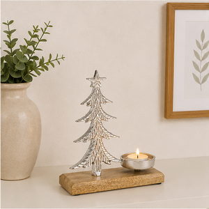 Handmade Silver Aluminum Christmas <b>Tree</b> Candle Holder With Natural Mango Wood Base Premium Tealight Stand For Festive <b>Tabletop</b> - Product Image 6