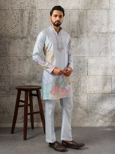 Best Quality <b>Men</b> Ethnic Jacquard Weave <b>Kurta</b> Pajama Set Party Wear Comfortable and Stylish Art Silk Outfit Available For Sale - Product Image 3
