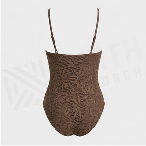 NORTH SOUTHERN Women's Brown One-Piece Swimsuit With Plant Pattern Hollow Out Design Plunge Neck Stretch Knitted Bodysuit - Product Image 3