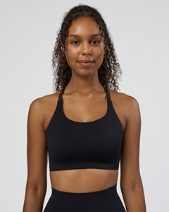 Soutien-gorge de sport sans couture noir pour femme, col halter, maintien moyen, haut de yoga et de fitness, couleur unie - Product Image 1
