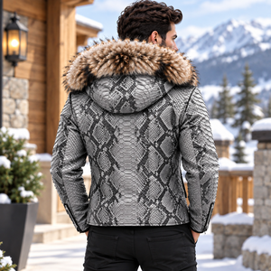 Men's Fashion Python <b>Leather</b> <b>Jacket</b> <b>Real</b> Fox Fur Hood Motorcycle <b>Biker</b> Outerwear | Herren Lederjacke <b>Biker</b> | Chaqueta Hombre - Product Image 2