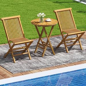 Patio Folding Teak Wood Round End <b>Table</b> with Slatted Tabletop and X-Shaped Frame for Outdoor Use - Product Image 3