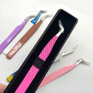 Precision Stainless Steel Eyelash Tweezers Curved Tip Pink Handle Box Packaging - Product Image 1