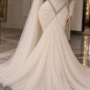 Vestido de Novia Color Marfil con Perlas Bordadas a Mano, Manga Larga Transparente, Corsé con Cuentas, Fular Drapeado, Transpirable para Boda - Product Image 4
