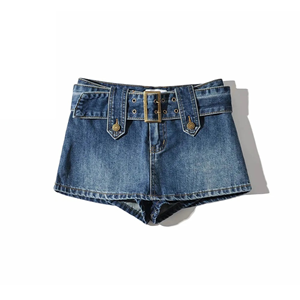 Dark Blue Mid Waist <b>Elastic</b> Waist Casual Breathable Jeans for Women Hot Girls Sexy Fashion Belt Petite Mini <b>Skirts</b> Shorts - Product Image 1