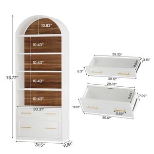 Elegante Estantería con Diseño Arqueado y Vitrina, Amplio Espacio de Almacenamiento con Cajones para Archivos y Estantes de Exhibición - Product Image 6