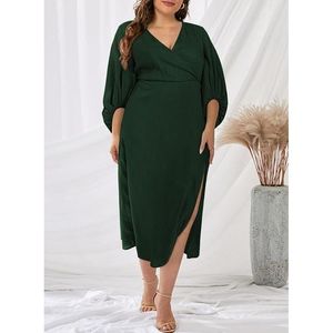 Robe longue de soirée élégante et stylée pour femme, grande taille, col en V, manches bouffantes, fente, robe de cocktail - Product Image 1