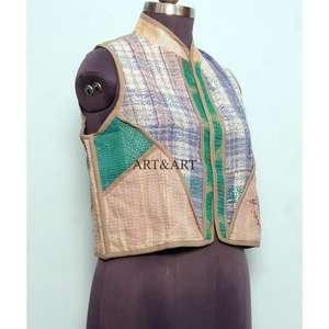 Chaleco de Mujer Estilo Boho Vintage, Tejido con Parches Kantha, Estampado, Elegante, Cuello en V, Transpirable, Ecológico, Prenda Exterior Corta - Product Image 4