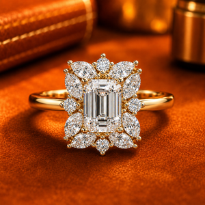 <b>14K</b> Solid <b>Gold</b> Emerald Cut Lab Grown Diamond IGI Certified Diamond Floral Cluster Engagement <b>Rings</b> Marquise Bridal Wedding <b>Rings</b> - Product Image 1