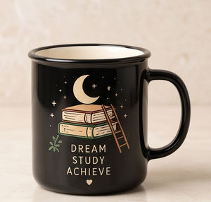 Glossy <b>Black</b> Iron Enamel Mug Dream Study Achieve Books Moon Print Metal Coffee <b>Cup</b> Wholesale Direct Factory Partner Market Hub - Product Image 3