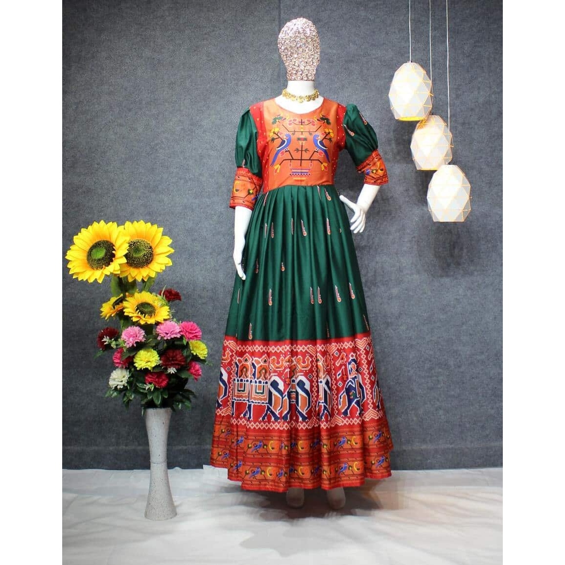 FANCY SILK PATOLA DIGITAL PRINT GOWN GREEN