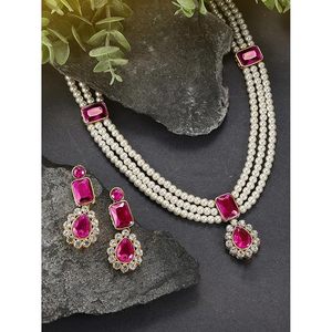 Ensemble collier et boucles d'oreilles pour enfants en alliage de zinc plaqué or, imitation perle, avec pendentif goutte d'eau en pierre rose, bijoux tendance - Product Image 1