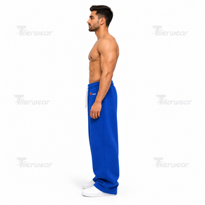 Pantalon de survêtement en coton bleu pour homme Tiierwear, taille élastique avec cordon de serrage, coupe décontractée ample avec logo imprimé, idéal pour le printemps - Product Image 3