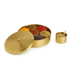 Boîte à épices décorative en laiton antique, écologique, de style indien, avec support rond et ensemble de cuillères pour la cuisine - Product Image 3