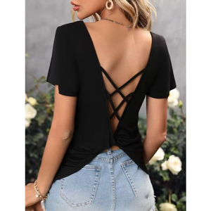 Camiseta de Verano para Mujer, Casual, Cuello en V, Holgada, Manga Corta, Poliéster, Color Liso, Venta al Por Mayor - Product Image 6