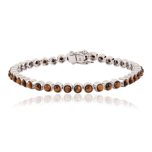 Magnifique bracelet tennis unisexe en argent sterling 925 avec pierre œil de tigre naturelle ronde sertie clos, bijoux fins - Product Image 1