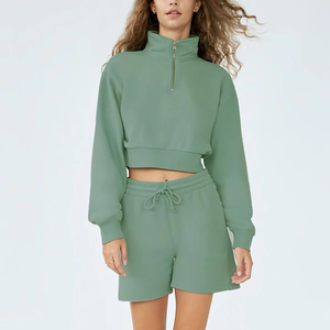 Ensemble 2 pièces pour femmes, short et haut court en polaire avec fermeture éclair, col montant, coupe ample, couleur unie, décontracté, pour le printemps et l'été - Product Image 2