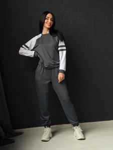 Survêtement pour femme gris anthracite et blanc color-block, sweat-shirt à col rond avec manches raglan rayées et poignets assortis - Product Image 2
